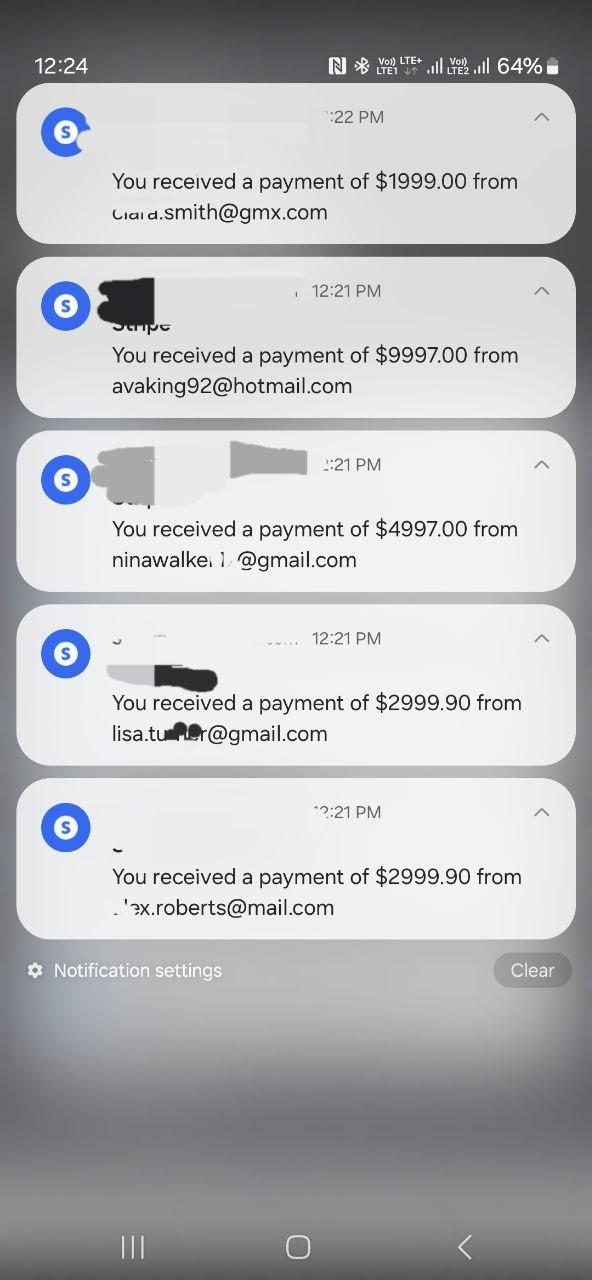 $1,999 · $9,997 · $4,997 · $2,999.90 payments received